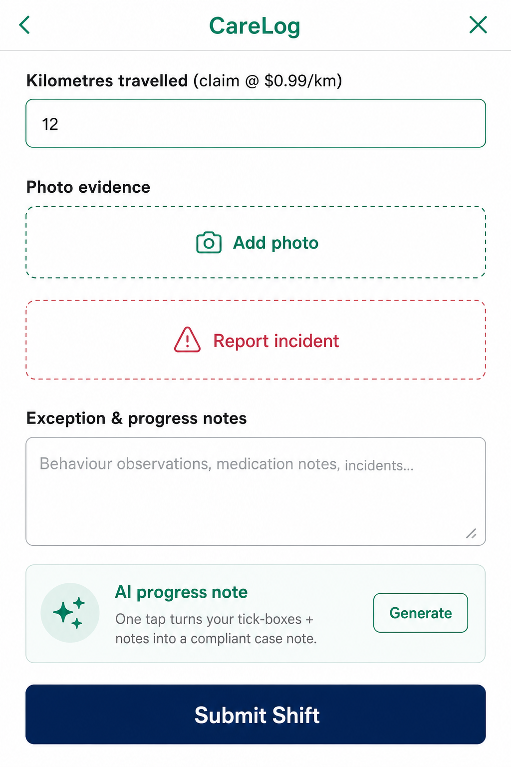 CareLogging AI progress note generator